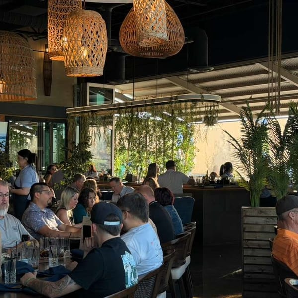 Diners seated at tables in a restaurant with large woven light fixtures and lush greenery.