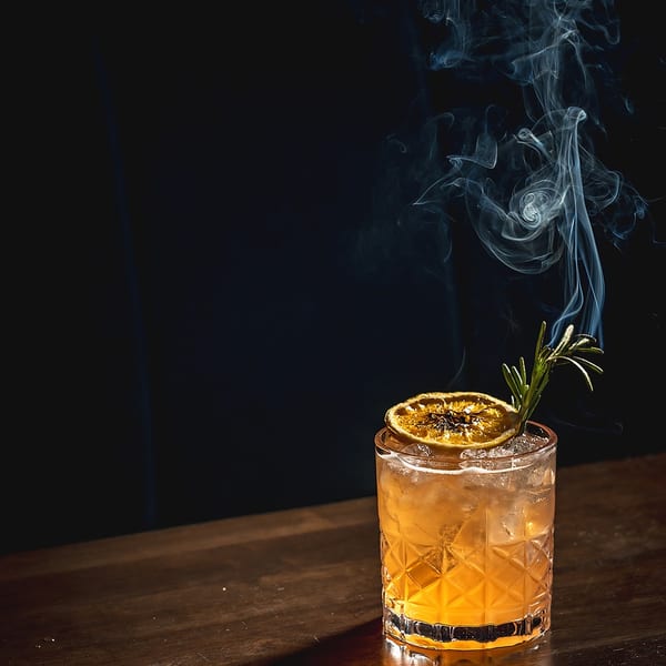 Smoked cocktail with a dried orange slice and rosemary sprig on a dark wooden bar.