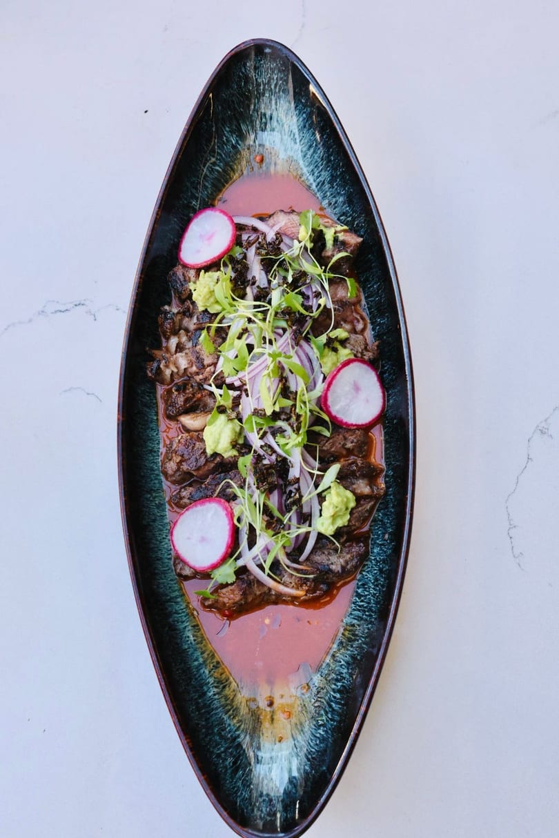 Grilled meat slices in a dark, elongated dish, garnished with radishes, red onion, and microgreens.