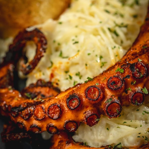 Grilled octopus tentacles with charred edges, served over creamy pasta with shredded cheese and parsley.