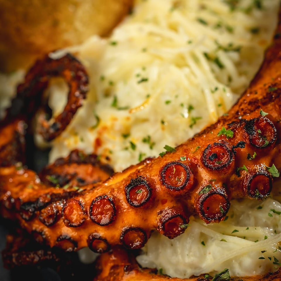 Grilled octopus tentacles with charred edges, served over creamy pasta with shredded cheese and parsley.