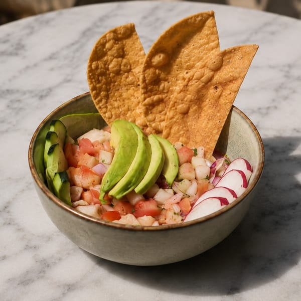 Ceviche bowl with avocado, cucumber, radish, and tortilla chips on a marble table.