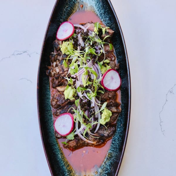 Grilled meat slices with red sauce, topped with radishes, red onions, avocado, and microgreens.