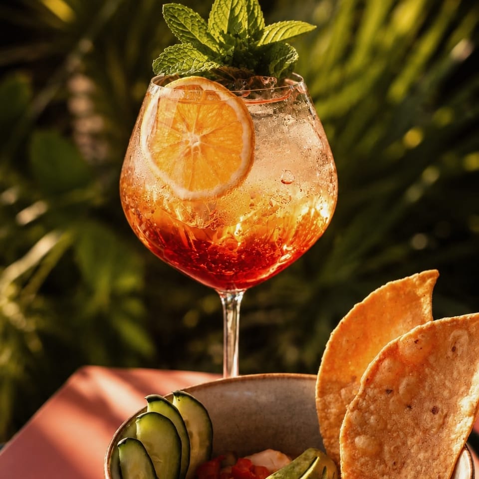A vibrant orange cocktail with mint and citrus, next to a bowl of ceviche with tortilla chips.